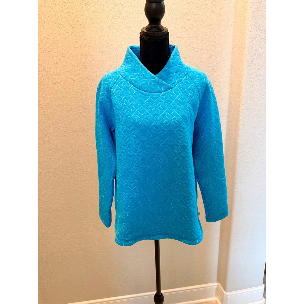 T by Talbots Womens Blue Quilted Snowflake Metallic Cowl Neck Sweatshirt Small